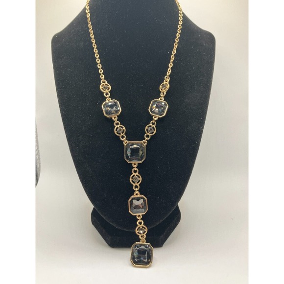 Smokey Gray Crystals Gold-Tone Y-Drop 19.75 Inch Necklace! - Picture 4 of 9